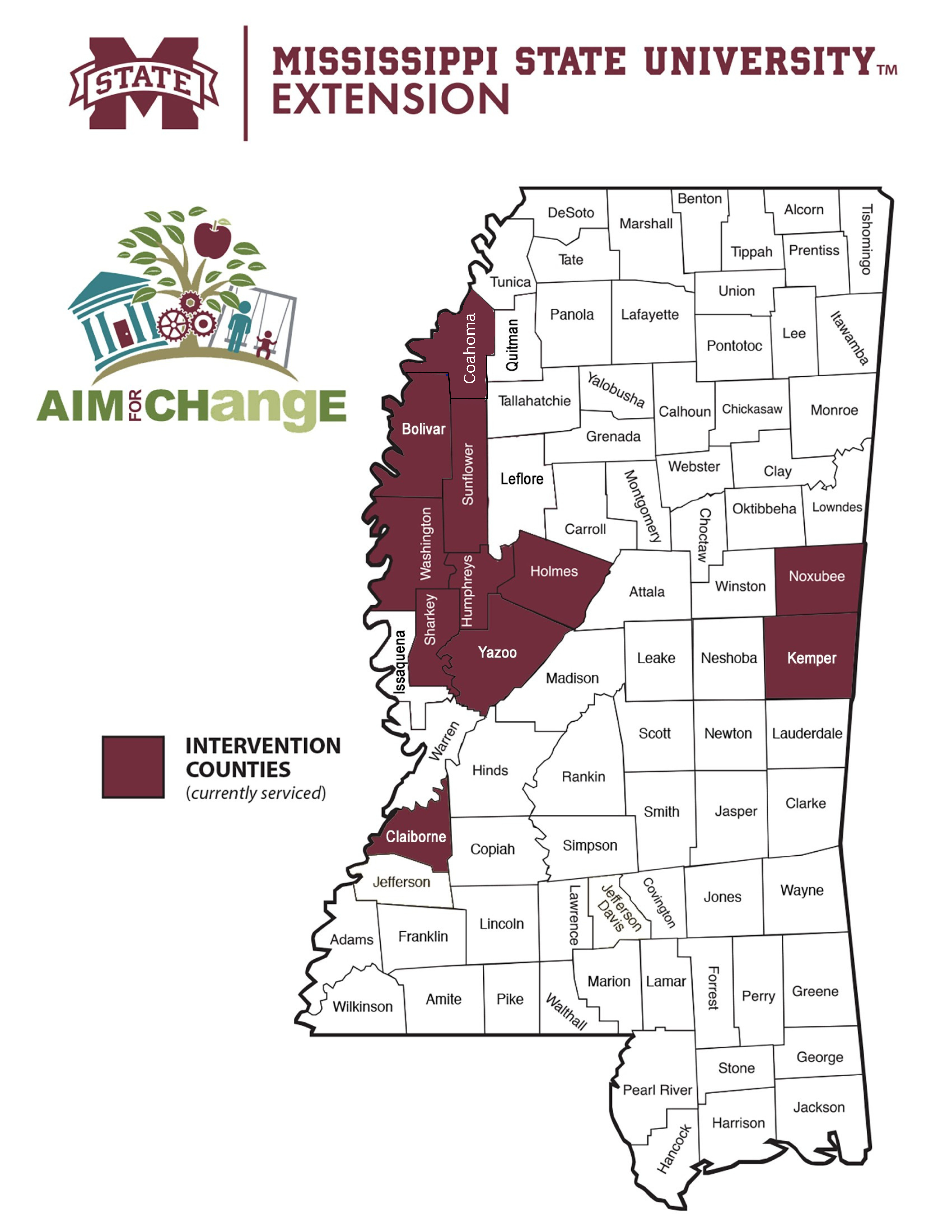 Map of Mississippi counties indicating the AIM for CHangE Phase 1 and Phase 2 areas. 